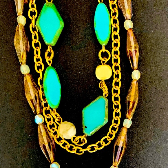 Gold tone metal chain necklace turquoise & brown beadings moon & star pendant - Picture 8 of 8
